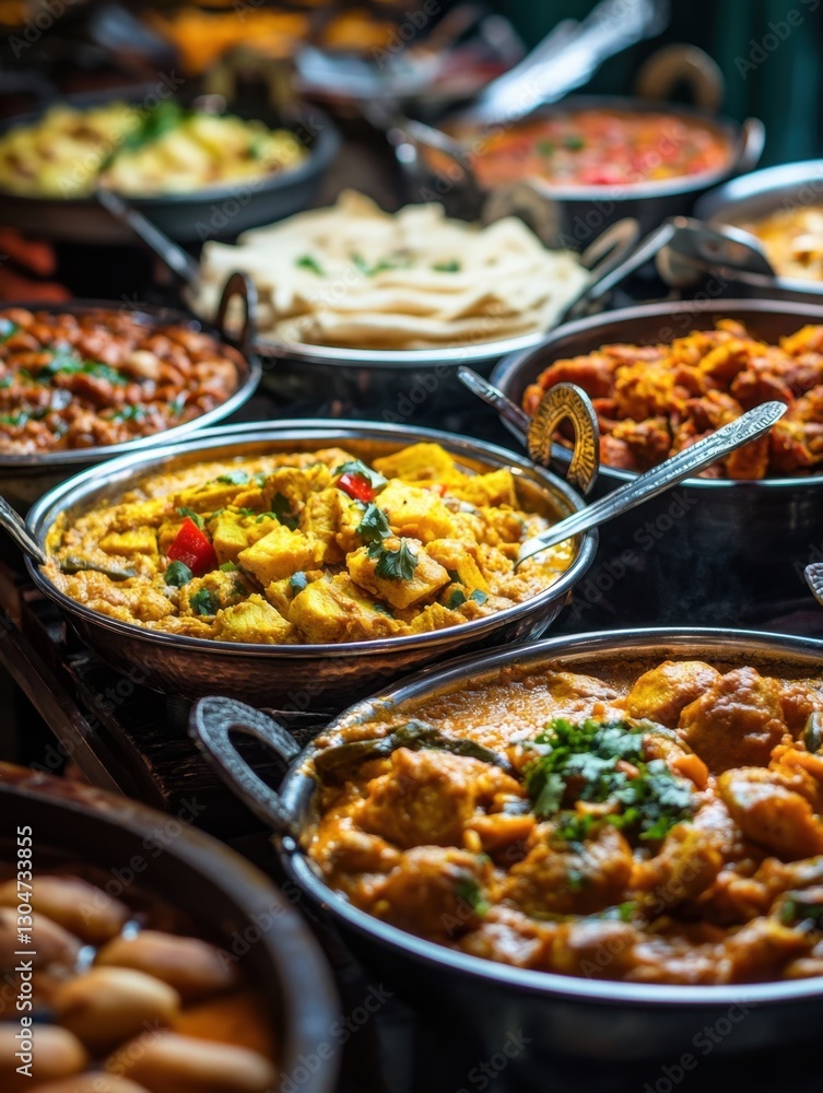 Diverse Indian Cuisine Displayed in Metal Bowls at a Restaurant Buffet with Warm Lighting and Rich Colors Diverse Indian Cuisine Displayed in Metal Bowls at a Restaurant Buffet with Warm Lighting and Rich Colors
