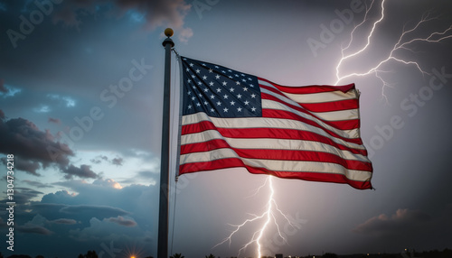 Tattered American flag waving under stormy sky, enduring resilience