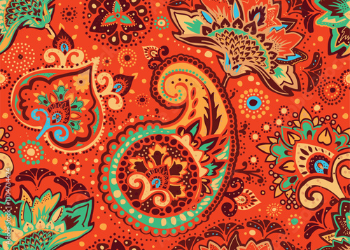 Seamless paisley pattern in Oriental style with floral and ethnic motifs for printed fabric, wallpaper, and packaging