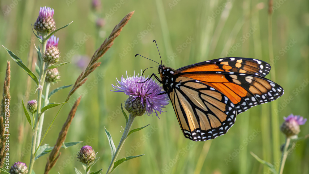 Naklejka premium Vibrant Monarch Butterfly Spreads Wings on Wildflower