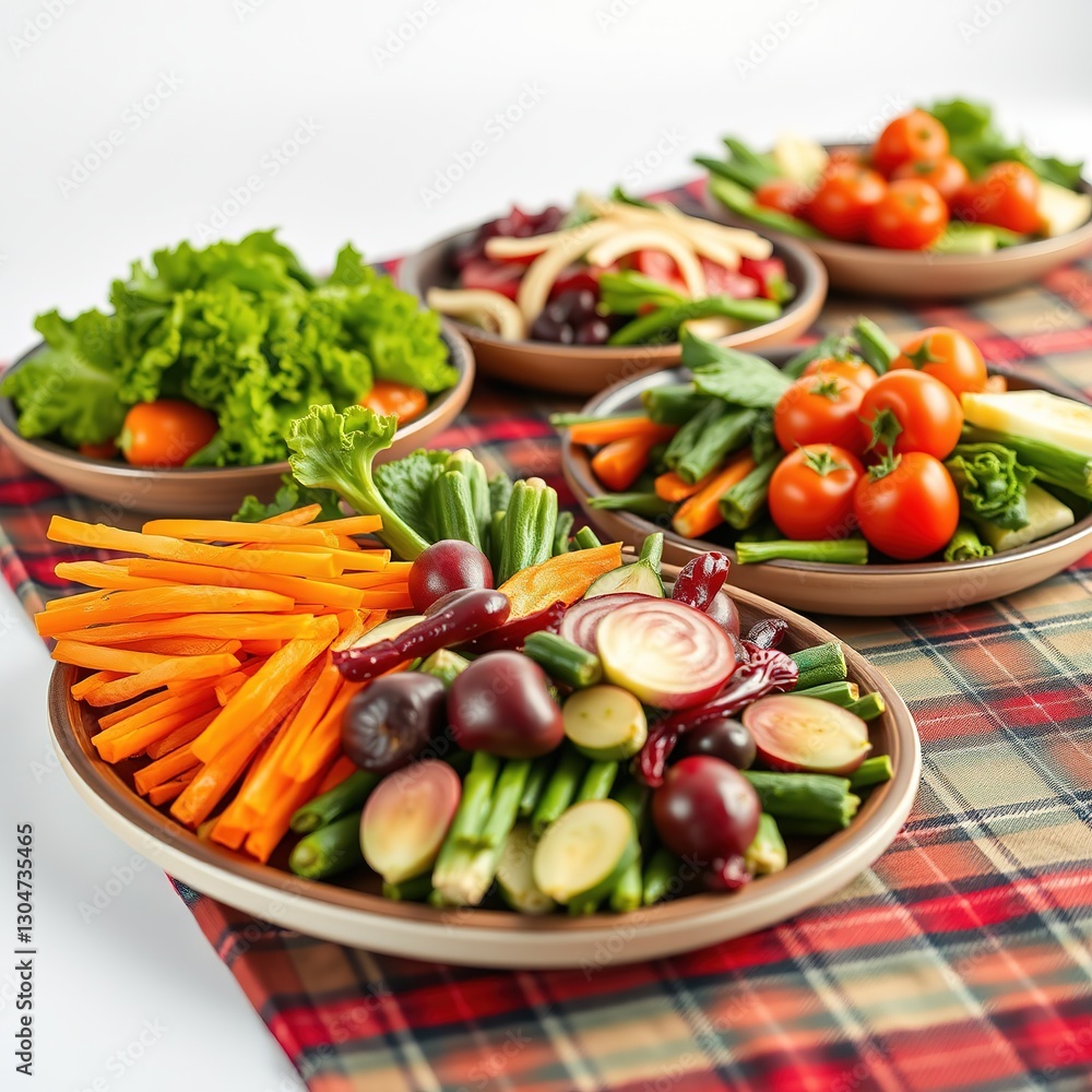 Colorful Vegetable Platters on Plaid Table Runners Colorful Vegetable Platters on Plaid Table Runners