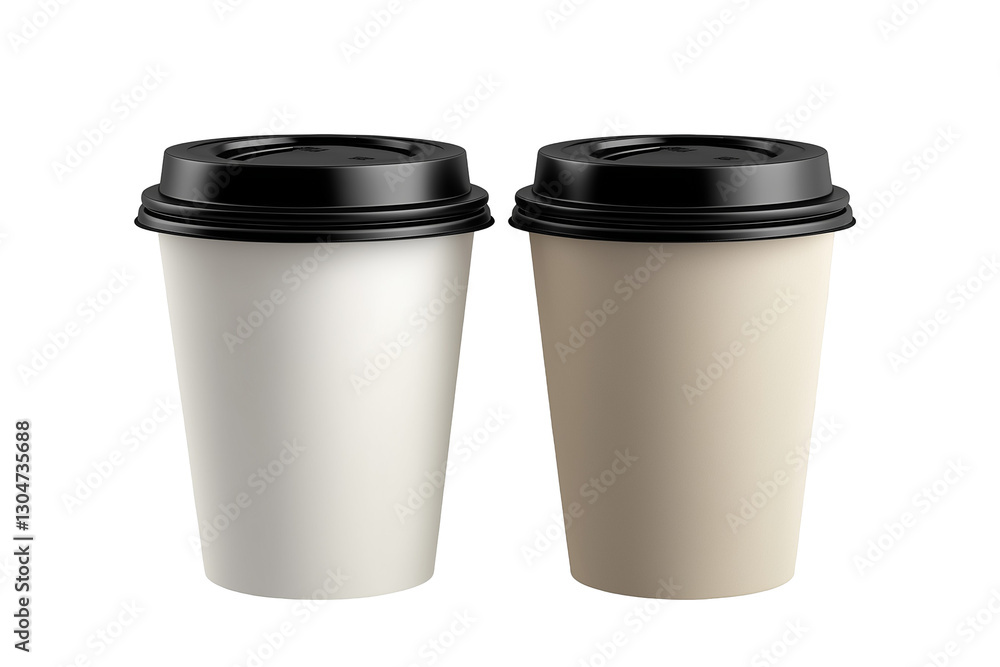 Two disposable coffee cups with black plastic lids, one white and one light beige, emphasizing convenience and portability for coffee on-the-go. Ideal for branding or promotional materials. Two disposable coffee cups with black plastic lids, one white and one light beige, emphasizing convenience and portability for coffee on-the-go. Ideal for branding or promotional materials.