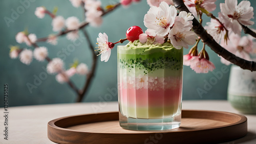 A unique three-layered sakura and matcha drink with pastel pink, and vibrant green layers, served in a transparent glass, decorated with cherry blossoms and a Japanese-style ceramic coaster.