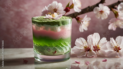 A unique three-layered sakura and matcha drink with pastel pink, and vibrant green layers, served in a transparent glass, decorated with cherry blossoms and a Japanese-style ceramic coaster.