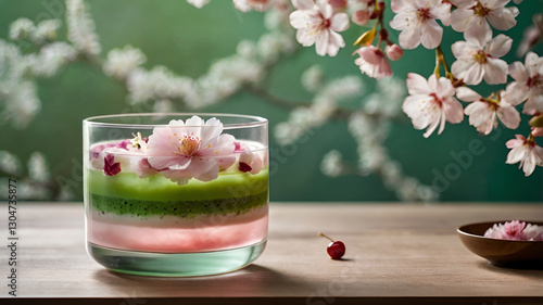 A unique three-layered sakura and matcha drink with pastel pink, and vibrant green layers, served in a transparent glass, decorated with cherry blossoms and a Japanese-style ceramic coaster.