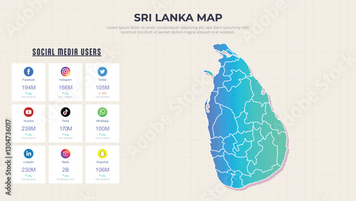 Social Media Usage & Growth Statistics Infographic Map of Sri Lanka. Popular Social Media Apps Usage in Sri Lanka modern Infographic map. Vector Illustration