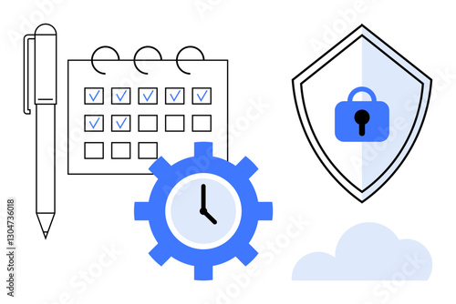 Pen next to calendar with checked tasks, gear with clock, shield with lock, and cloud. Ideal for productivity, planning, efficiency, scheduling, cybersecurity cloud solutions project management