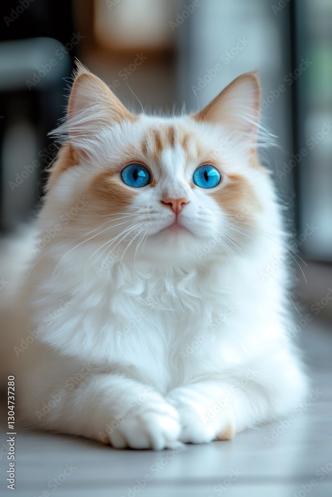 Adorable ragdoll cat relaxing and staring with intense blue eyes Adorable ragdoll cat relaxing and staring with intense blue eyes