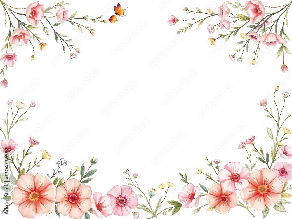 Obraz premium Charming Watercolor Floral Frame Featuring Delicate Pink Flowers and Graceful Butterflies in Harmony