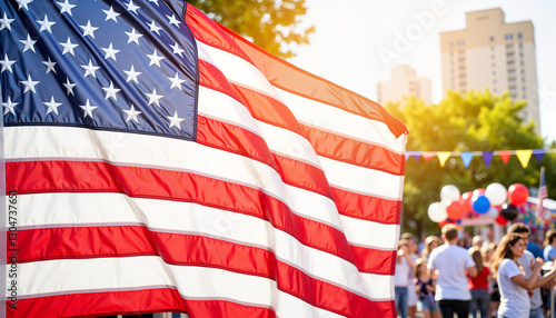 Cuadro en lienzo Festive parade with American flag in bright sunlight, celebration spirit