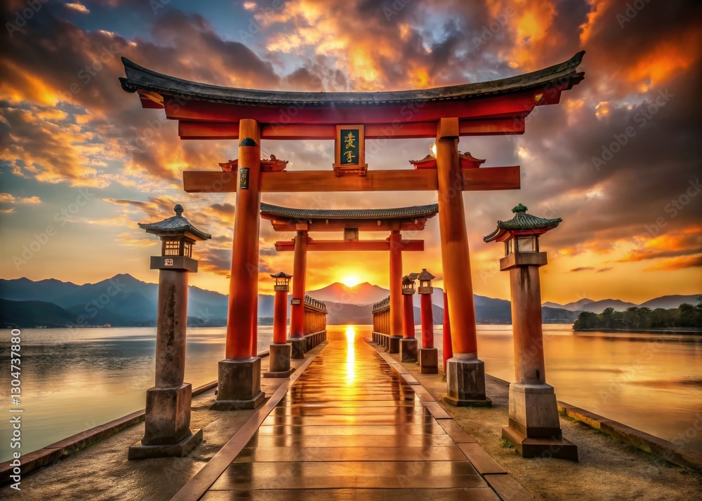 Naklejka premium Sacred Japanese Shrine Gate: Ko Shrine Torii with Kanji Characters at Sunrise