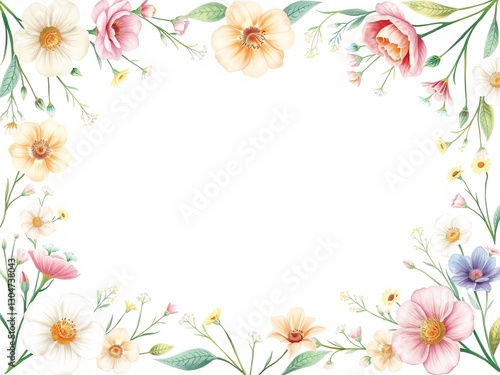 Elegant Floral Frame with Vibrant Blooms and Lush Green Leaves Creating a Natural Decorative Display