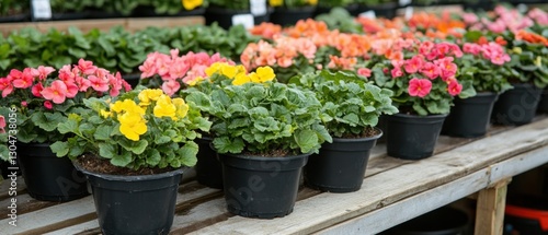 Wallpaper Mural Rows of Vibrant Begonias in Pots Displayed on Wooden Shelves at a Garden Center with a Variety of Colors and Lush Green Foliage Torontodigital.ca