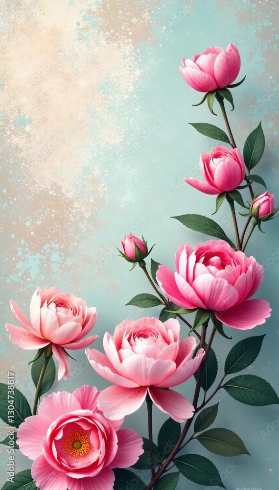 Fototapeta premium Abstract botanical composition with pastel roses, peonies, and hydrangeas on a textured background, decor, soft