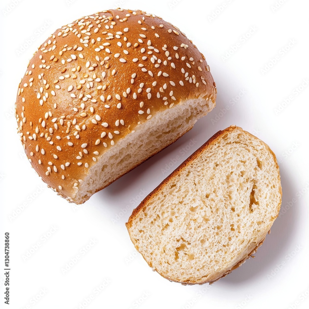 Sesame Seed Bun Halved Showing Soft Crumb Bakery Food Photography