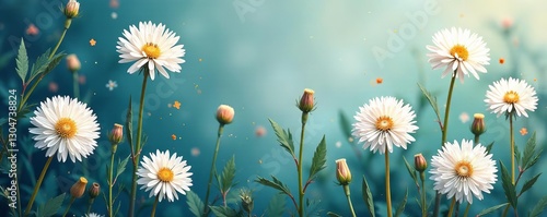 Abstract botanical pattern featuring delicate white dandelion flowers, flora, growth