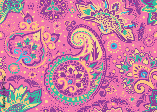 Seamless paisley pattern in Oriental style with floral and ethnic motifs for printed fabric, wallpaper, and packaging