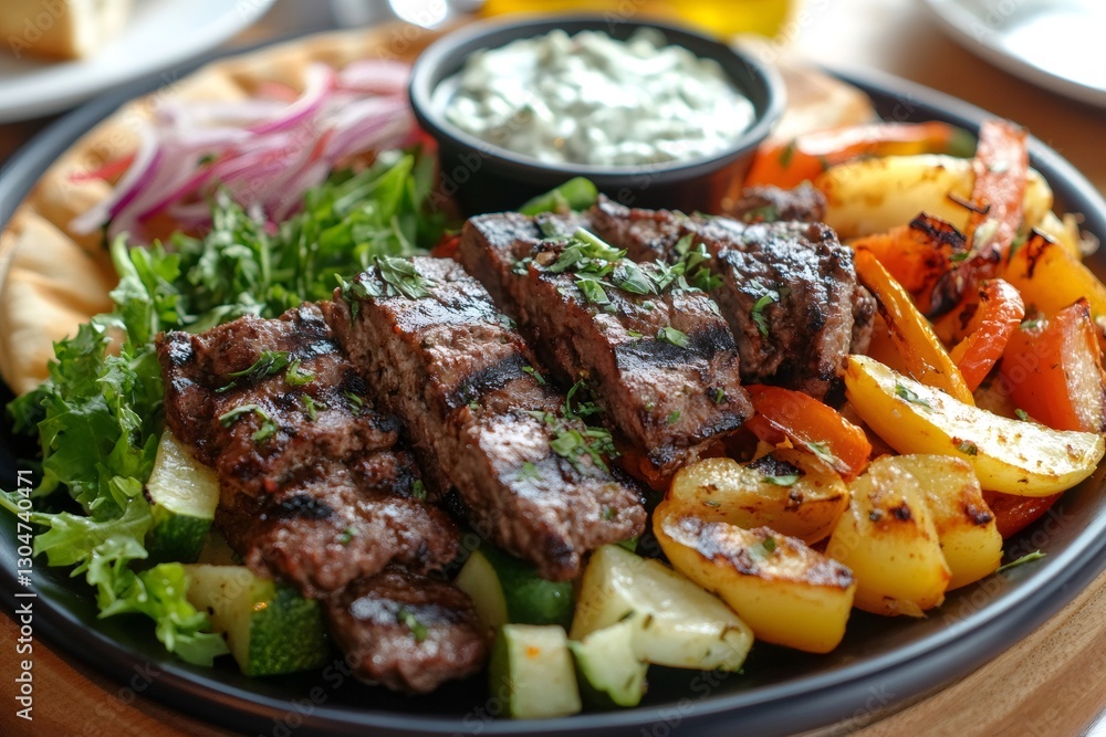 Grilled beef souvlaki with pita, vegetables and tzatziki sauce on black plate Grilled beef souvlaki with pita, vegetables and tzatziki sauce on black plate