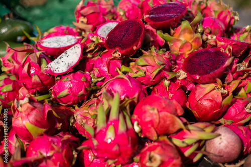 pile of dragonfruit for sale at the local markets photo