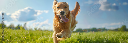 Wallpaper Mural Golden Retriever Running Through Meadow on Sunny Day with Blue Sky and Green Grass Torontodigital.ca