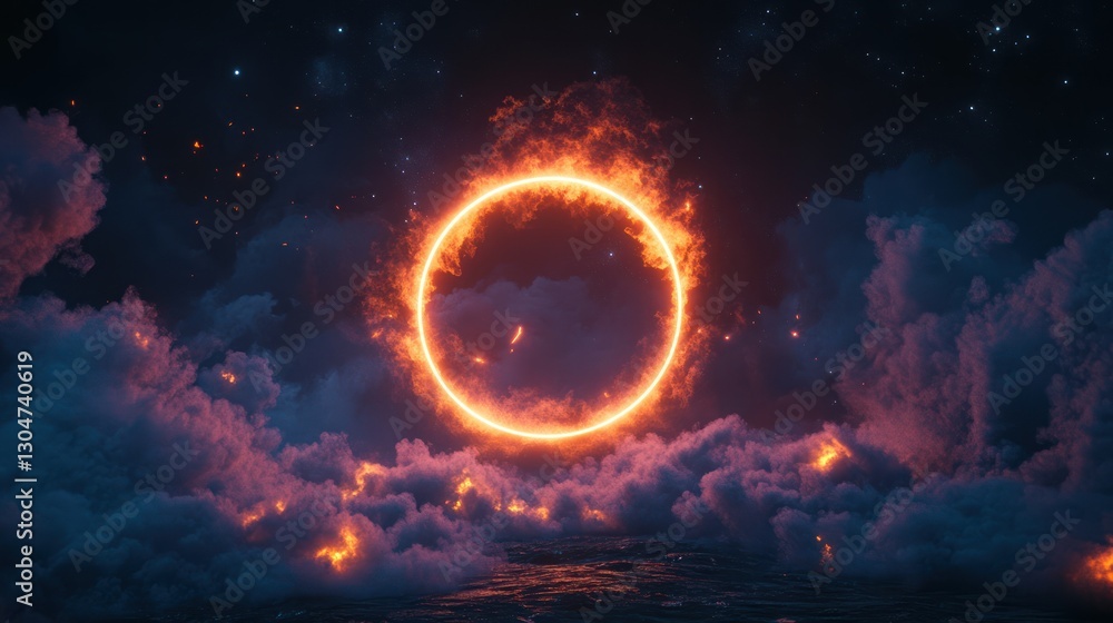 Obraz premium a fiery celestial ring emerging above turbulent waters under a starry night sky creating a mesmerizing and otherworldly spectacle