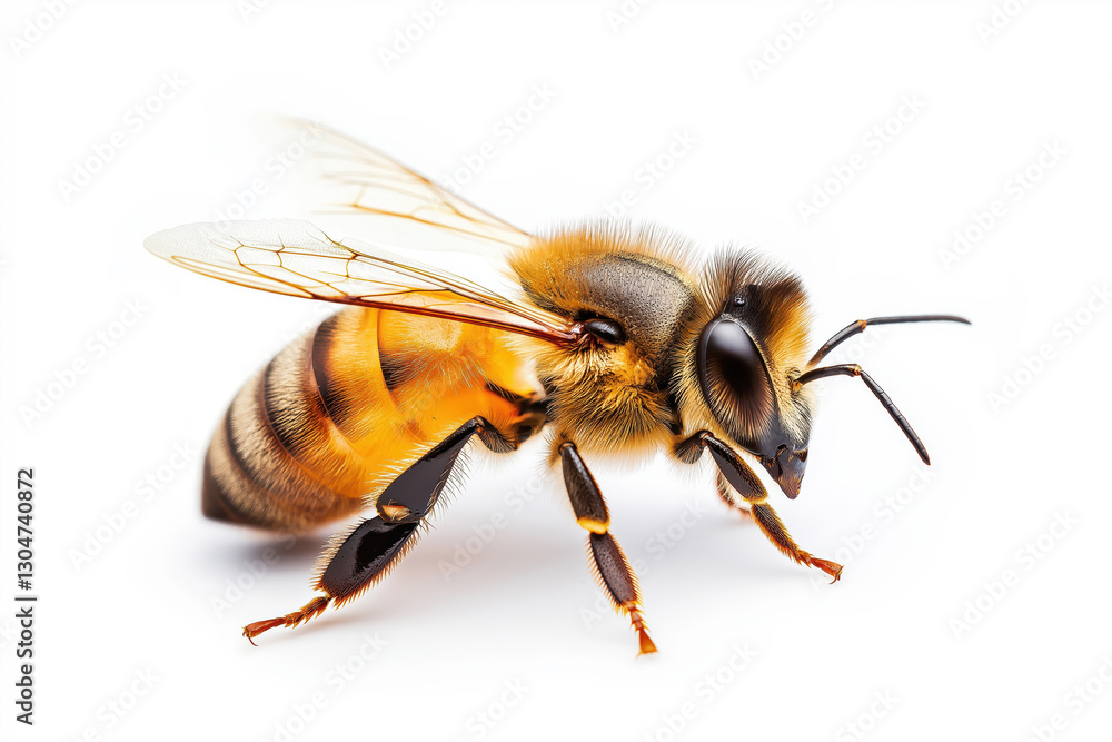 detailed close-up of a honeybee with delicate wings and fuzzy body, captured on a white background. Perfect for nature, pollination, and environmental concepts detailed close-up of a honeybee with delicate wings and fuzzy body, captured on a white background. Perfect for nature, pollination, and environmental concepts