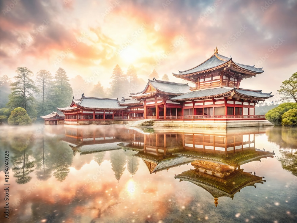 Serene Byodo-in Temple Double Exposure: Japanese Zen Garden Stock Photo Serene Byodo-in Temple Double Exposure: Japanese Zen Garden Stock Photo