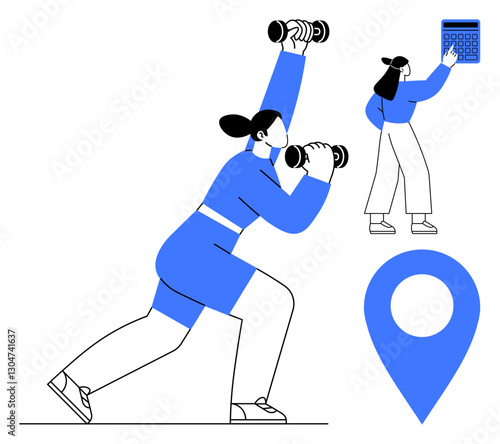 Woman exercising with dumbbells in a lunge pose, another figure holding a calculator, and a location marker. Ideal for health, fitness, productivity, planning, navigation lifestyle or balance. Flat