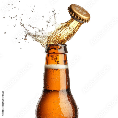 open a beer bottle beer splash the cap bounces off, isolated on white background