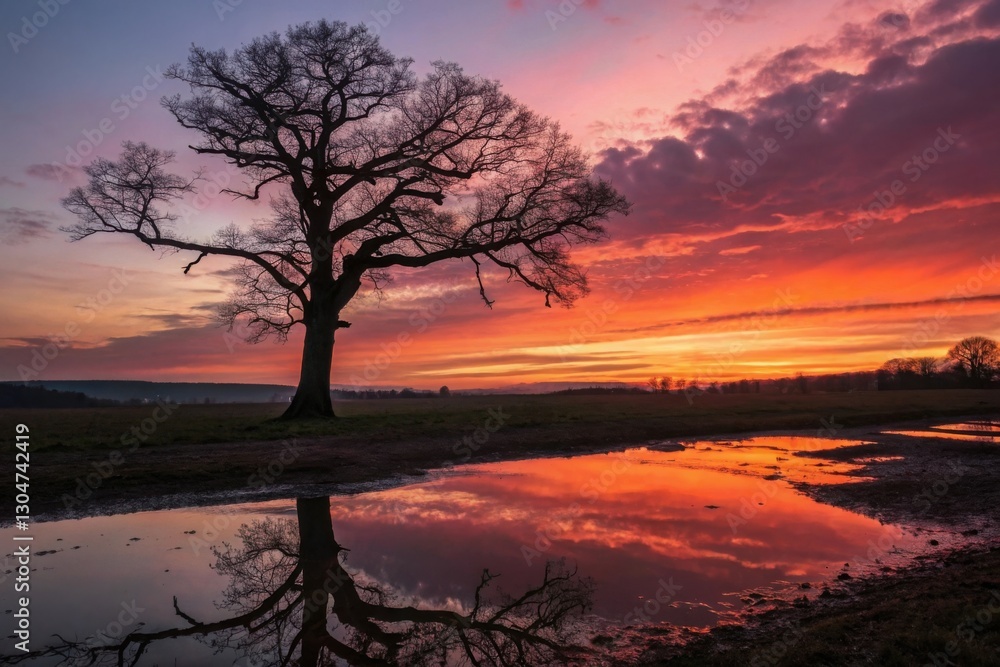 Lonely Tree with Beautiful Sunset Reflections on a Tranquil Lake Lonely Tree with Beautiful Sunset Reflections on a Tranquil Lake