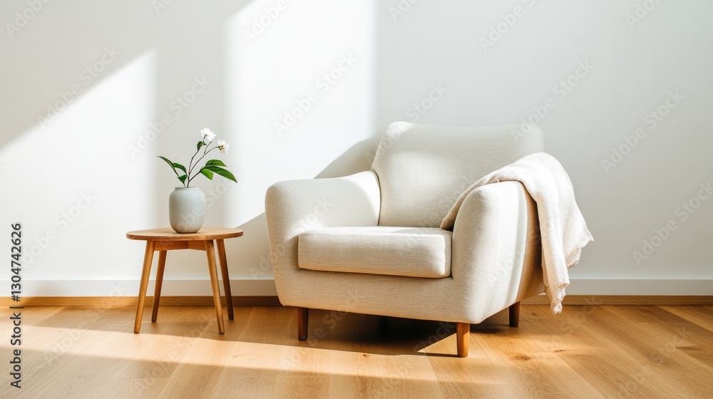 Naklejka premium Cozy armchair illuminated by sunlight, accompanied by minimalist