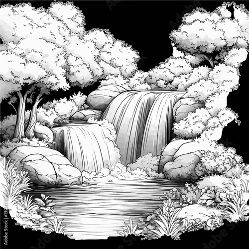 Illustrated Waterfall Serenity: A Black and White Vector Scene