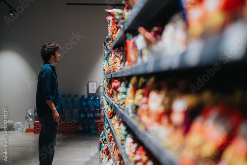 Obraz na plátně A man stands in a supermarket aisle browsing snack options