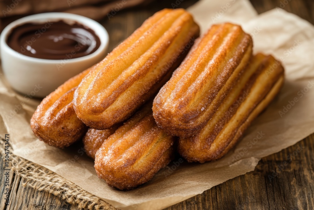 Golden churros with rich chocolate dipping sauce on rustic wooden table a delightful treat close up view Golden churros with rich chocolate dipping sauce on rustic wooden table a delightful treat close up view