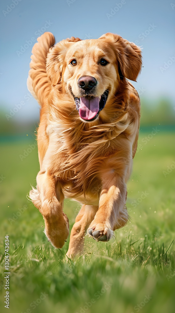 Golden Retriever Running Through Meadow on Sunny Day with Blue Sky and Green Grass