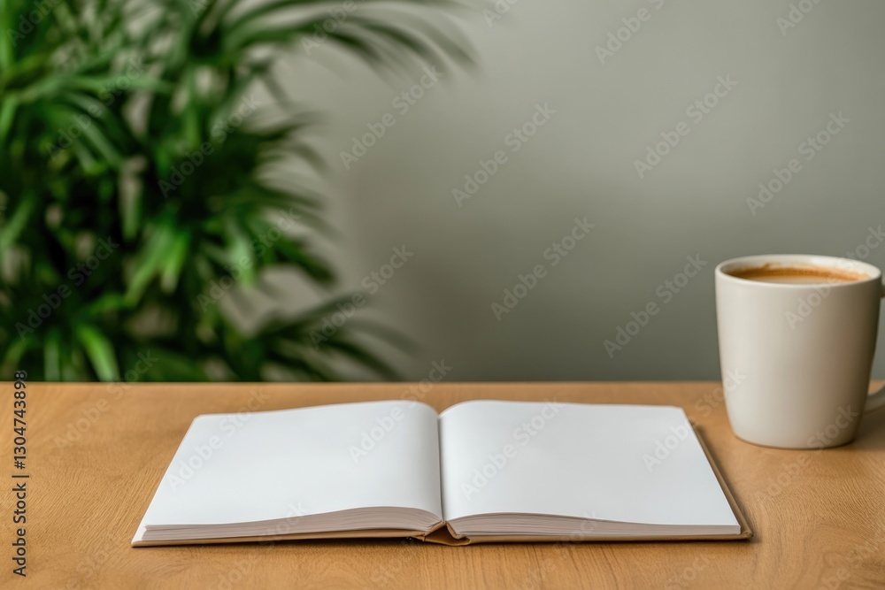 Fototapeta premium Open notebook rests on wooden table next to warm cup of coffee,