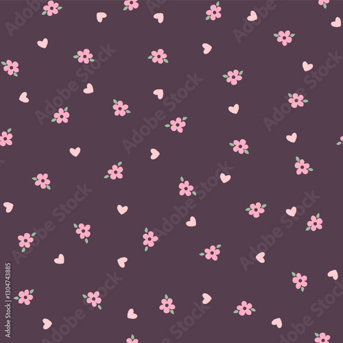 Vector illustration. Cute seamless pattern with flowers and hearts in pink tones on a dark background. Floral pattern, girlish print for fabric, children's textile, wallpaper.