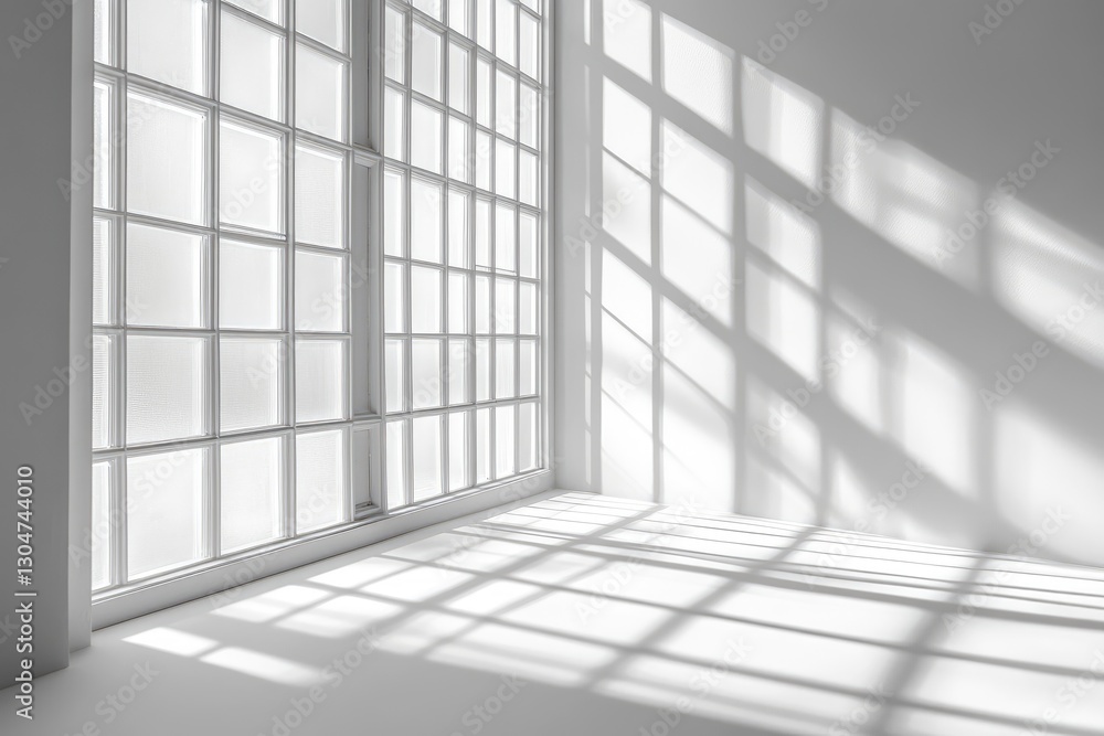 Blank White Wall with Windows Casting Shadows, Providing an Empty Canvas for Product Display or Presentation Background, Minimalist and Versatile, Ideal for Retail, Exhibition, or Digital Media Advert Blank White Wall with Windows Casting Shadows, Providing an Empty Canvas for Product Display or Presentation Background, Minimalist and Versatile, Ideal for Retail, Exhibition, or Digital Media Advert