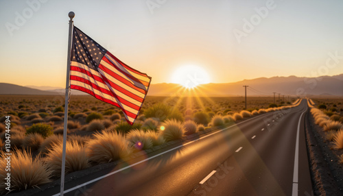 American flag waving on deserted highway at sunset, freedom symbolism