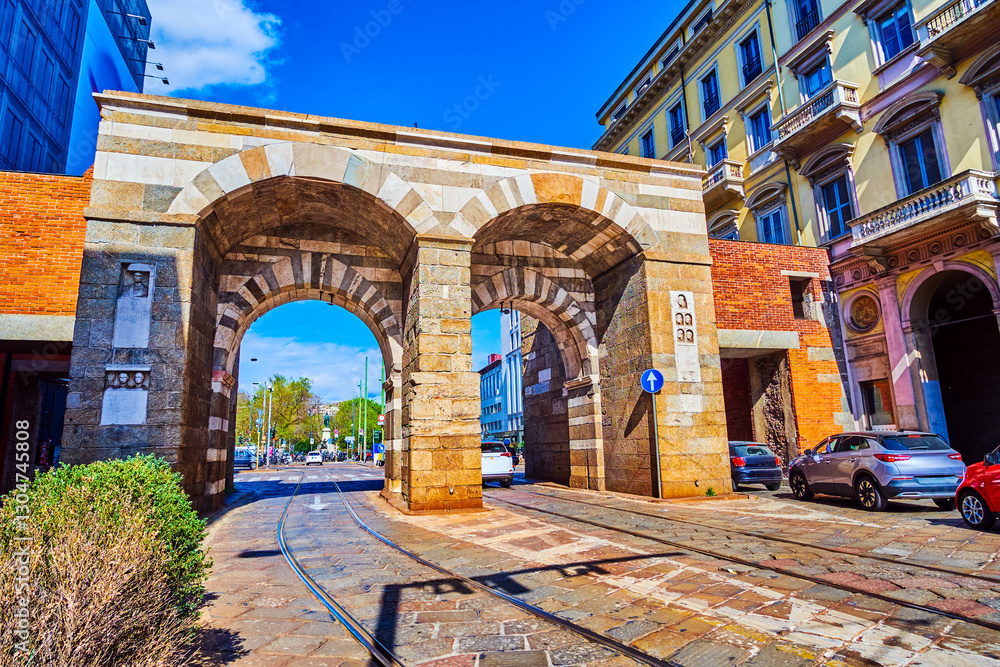 Inner facade of the Porta Nuova Medieval Gate on Via Alessandro Manzoni in Milan, Italy.