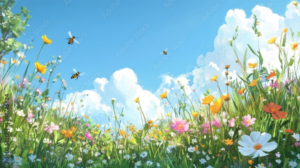 A vibrant wildflower meadow alive with bees collecting nectar, colorful blooms swaying gently under a sunny blue sky A vibrant wildflower meadow alive with bees collecting nectar, colorful blooms swaying gently under a sunny blue sky