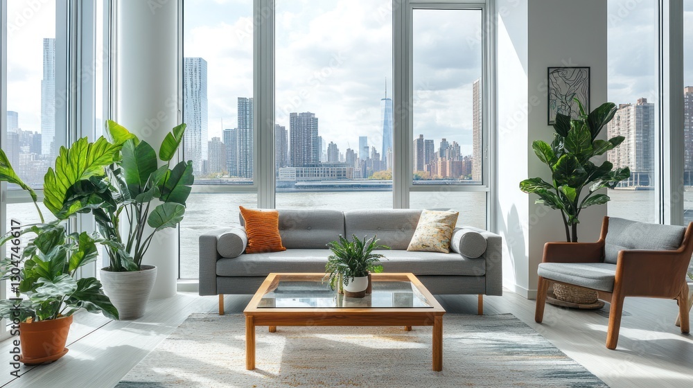Obraz premium Modern living room with city views. Interior design inspiration