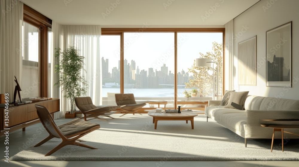 Fototapeta premium Modern apartment living room with city view (1)