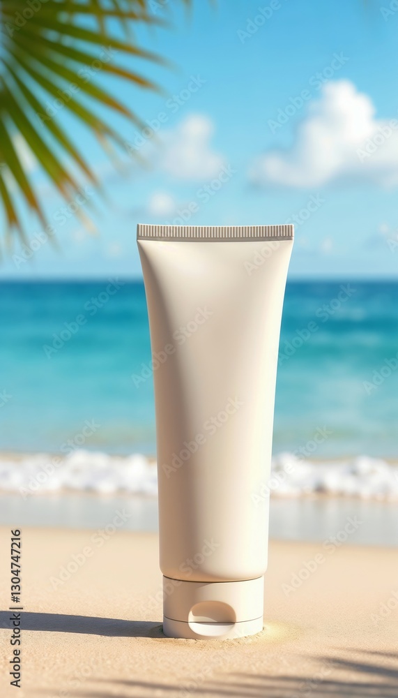 Tube of sunscreen lying on sandy beach next to ocean wave, advertising layout for cosmetic products Tube of sunscreen lying on sandy beach next to ocean wave, advertising layout for cosmetic products
