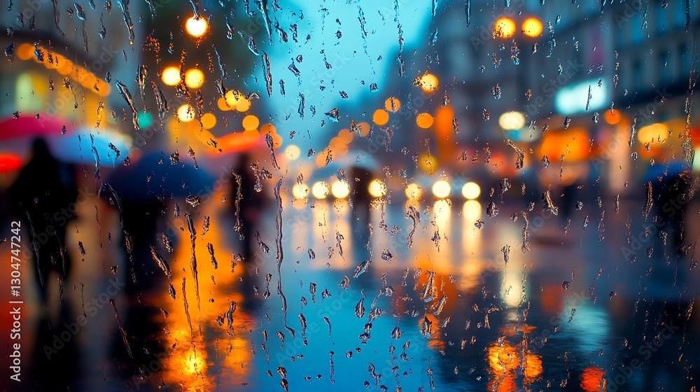 Naklejka premium Rainy night city street view through rain-covered window; blurred lights, people with umbrellas.