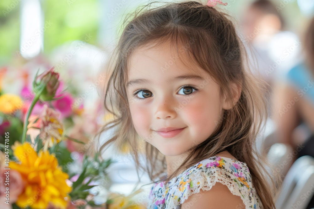 Portrait of smiling little girl with flowers in foreground at a party Portrait of smiling little girl with flowers in foreground at a party