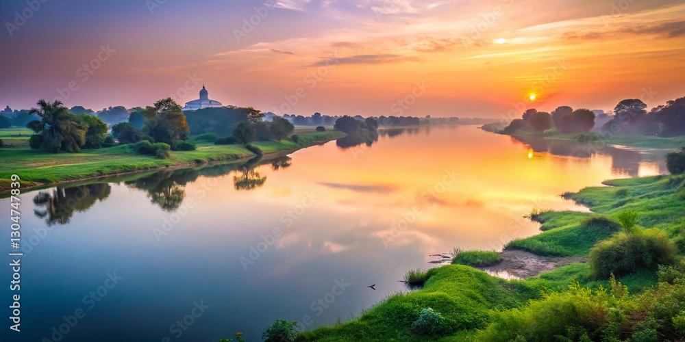 Obraz premium Serene Yamuna River Landscape: Dawn in India's Sacred Waters