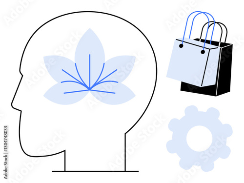 Human head outline with a flower brain, shopping bags, and a gear. Ideal for mental wellness, consumer behavior, creativity, cognitive function, commerce mindfulness and productivity. Abstract line