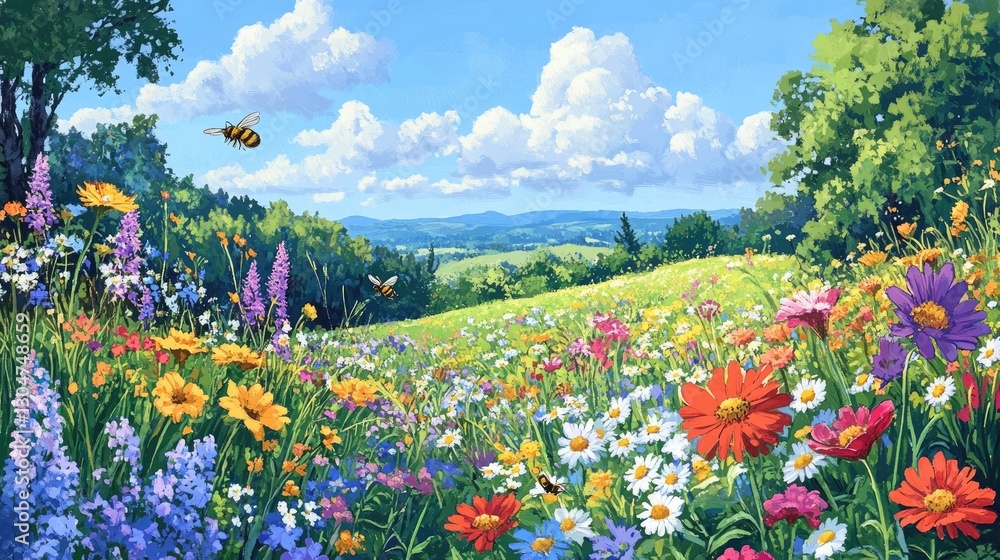 Obraz premium A vibrant meadow bursting with colorful wildflowers and buzzing bees, the whole scene bathed in sunlight under a perfect blue sky