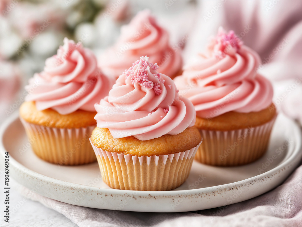 Golden vanilla cupcakes with soft pink frosting and delicate sugar decorations on top. Golden vanilla cupcakes with soft pink frosting and delicate sugar decorations on top.